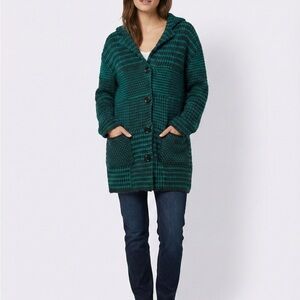 🌿 Desigual Chunky Knit Hooded Cardigan Coatigan Green Black Size Small